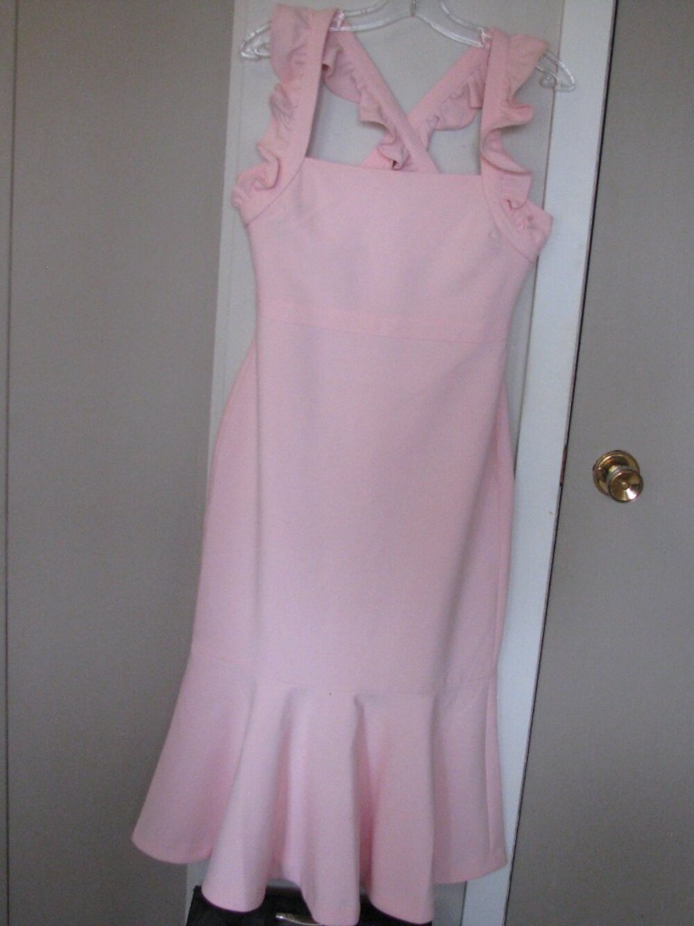 Likely Pale Pink Ruffle Strap Midi Dress